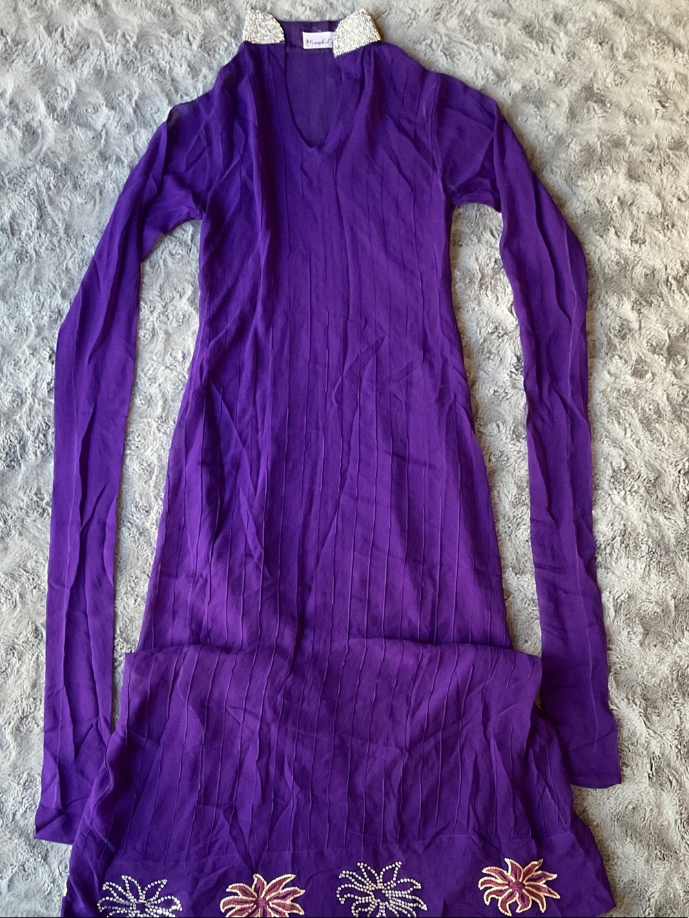 Women's Purple extra Long-Sleeve Sheer Kurta Dress with bedazzled Hem